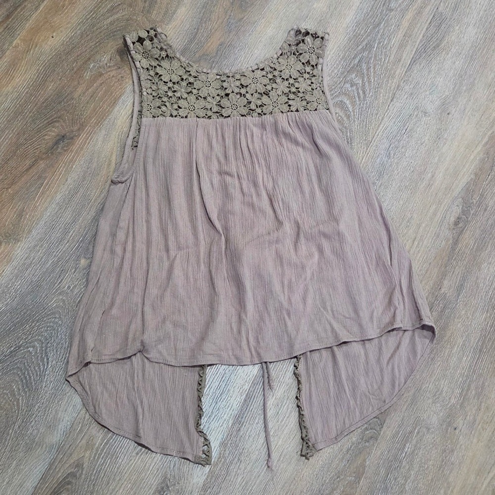 Daytrip Womens Taupe Crochet Lace Yoke Open Back Tie Sleeveless Top Large
